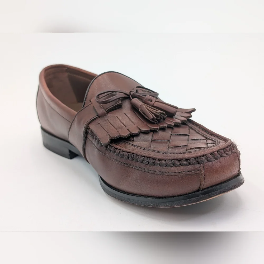 Johnston & Murphy Classic Woven Loafer Sz 12M Genuine Brown Leather With Tassels